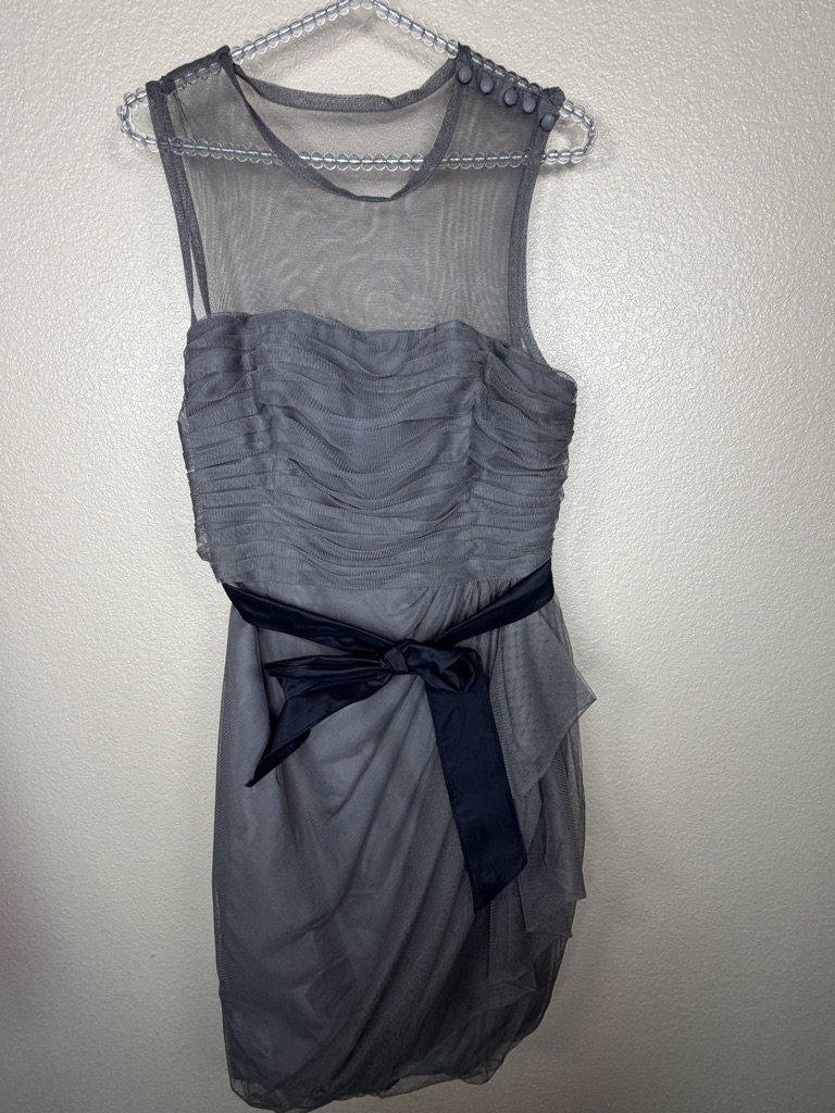White By Vera Wang Gray Mesh Sleeveless Mini Dress With Black Satin Sash